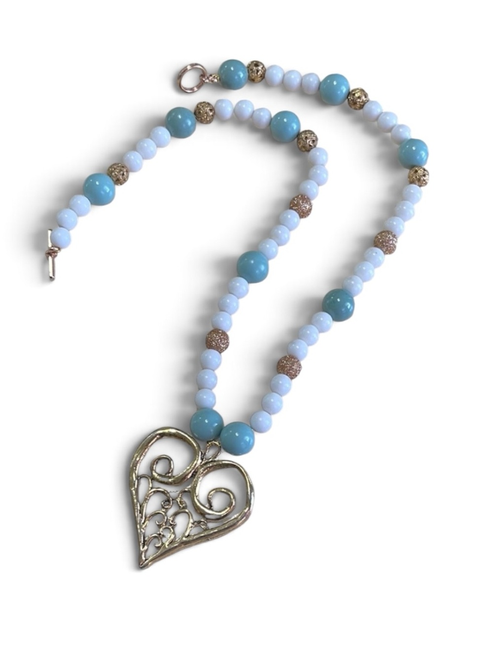 Handcrafted Sea-foam Green & White Beaded Gold Accent Heart Pendant Necklace